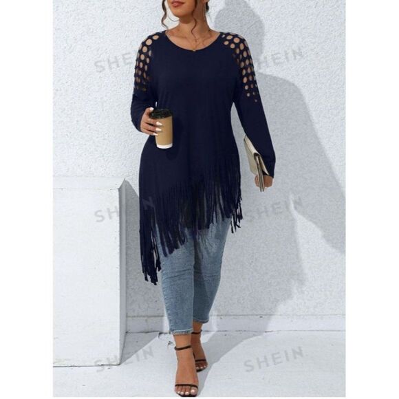 SHEIN LUNE Plus Cut Out Shoulder Fringe Hem Tee, 2XL - Picture 3 of 5